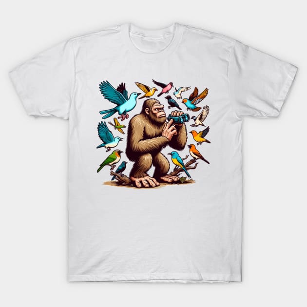 Bigfoot the Birdwatcher: A Mythical Ornithologist's Day Out T-Shirt by WEARWORLD